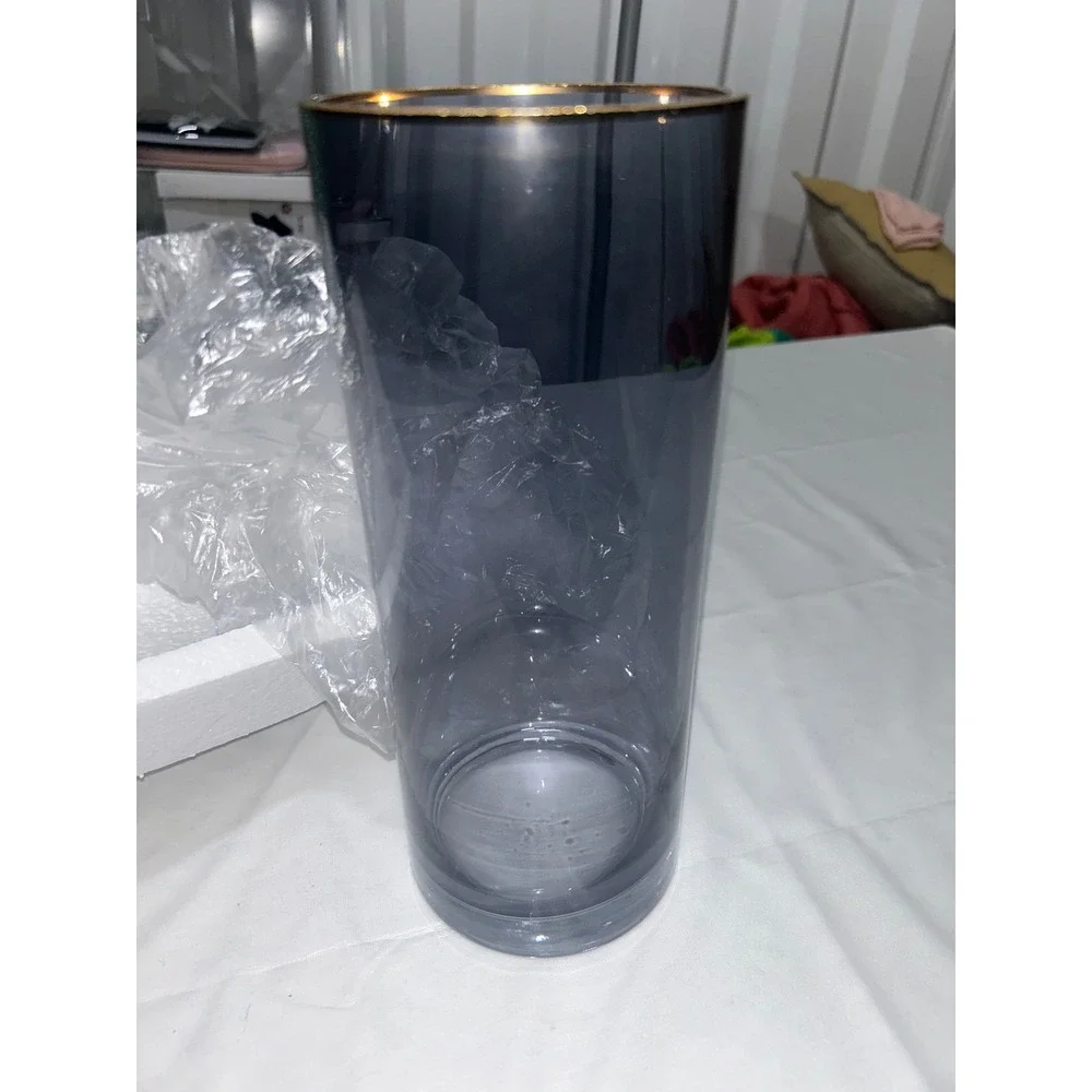 Modern Smoky Grey Glass Cylinder Vase with Gold Rim 10 Inch Tall Decorative Vase